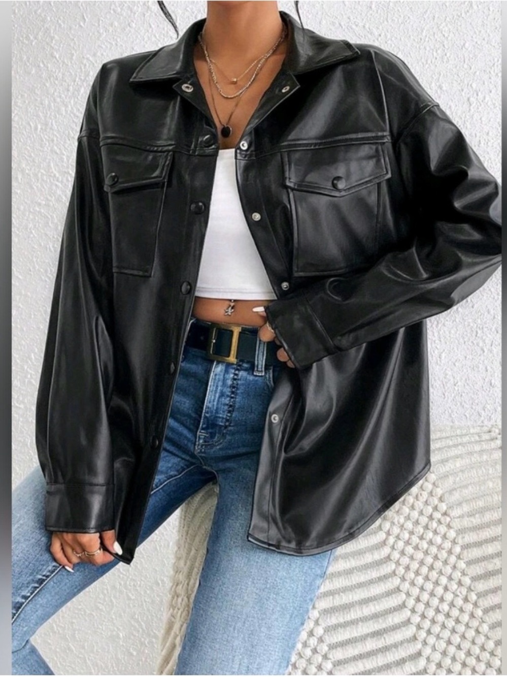 Black Faux Leather Shacket with Snap Chest Pockets